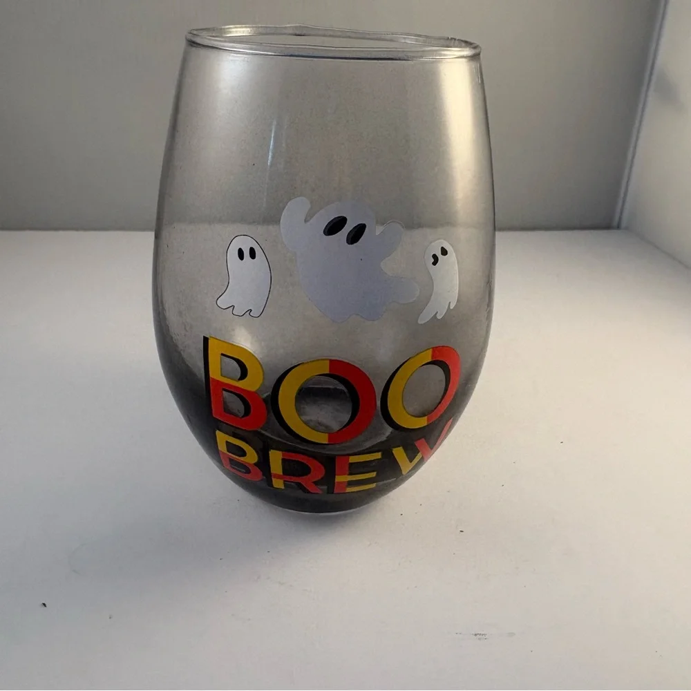 Boo Brew Stemless Wine‎ Drinking Glass Halloween Ghost Dark Bottom Yellow Orange